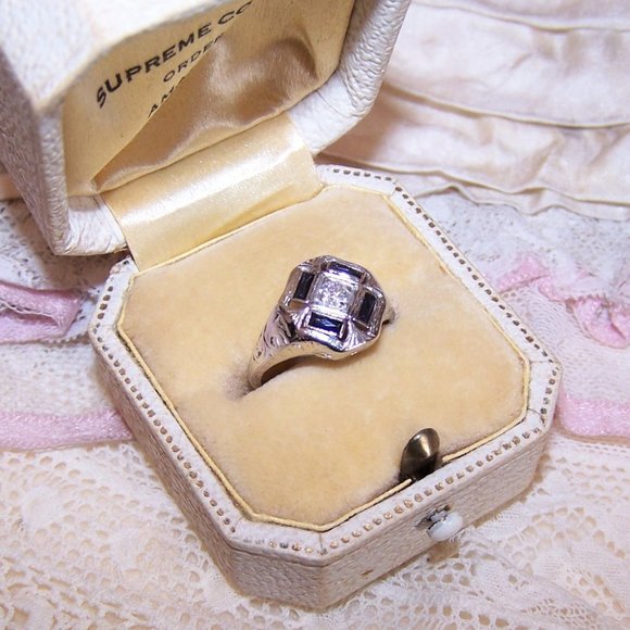 Art Deco 14K Gold Diamond Blue Sapphire Cocktail Ring - Size 4.25 - Picture 5 of 10